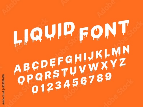Liquid melting font. Flowing down diagonal white alphabet, milky letters and numbers, splashes and drops streaming typography. Fused deformation, topping lettering. Vector isolated set