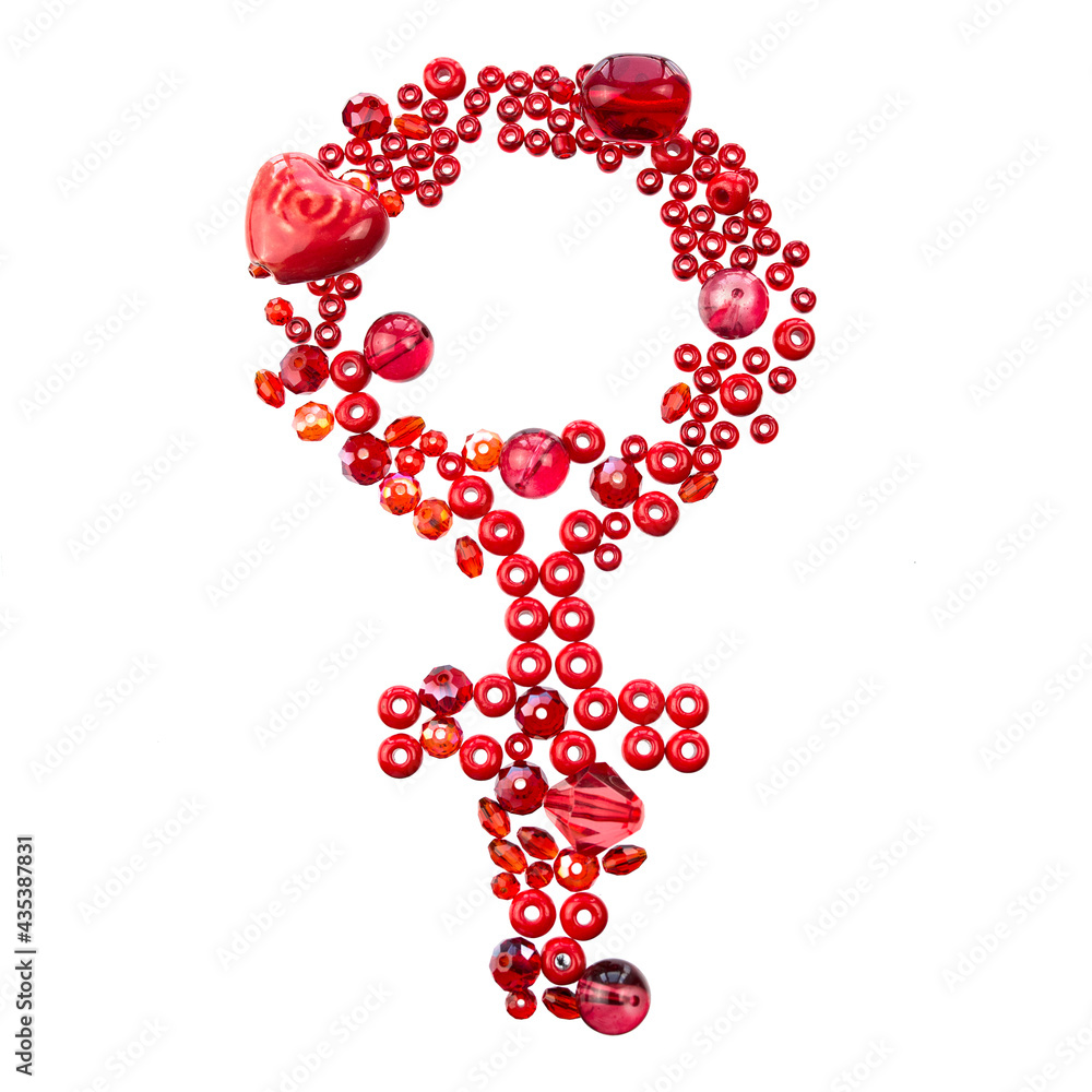 Layout of red beads spreaded in the shape of female sign, isolated on white.