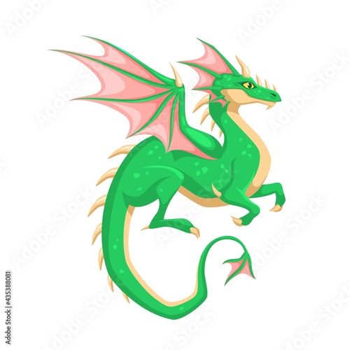 Magic Dragon. Winged green dragon. Fantasy vibrant colors creature  mythical cute reptile  medieval fairy tail single animal  flying dinosaur. Childish vector cartoon isolated illustration