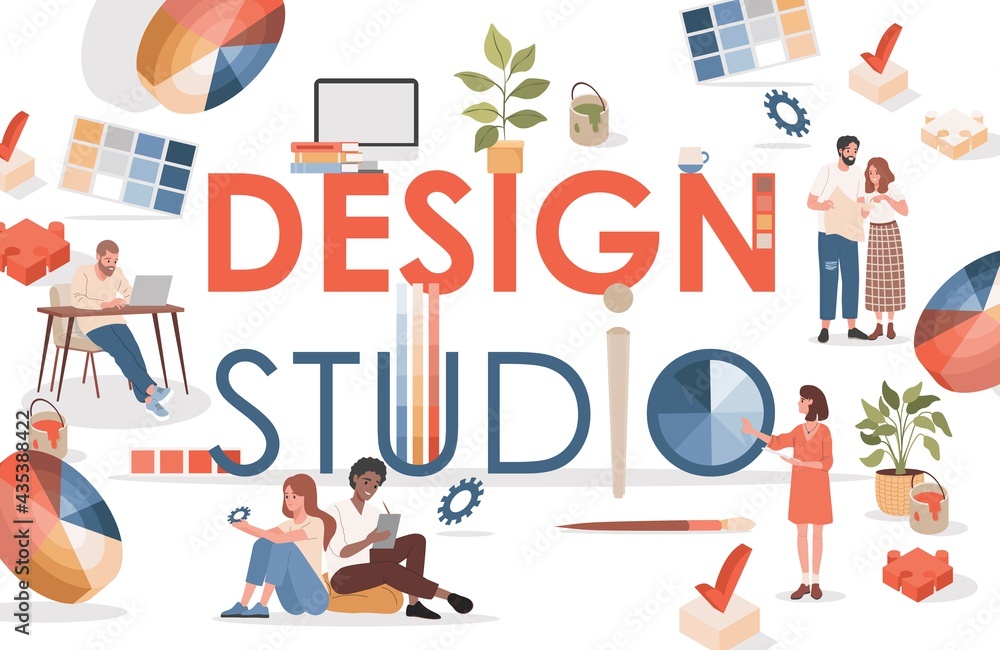Design studio vector flat banner template with text space. Happy smiling people working at design project together. Graphic designer workplace with design symbols, color templates, and wheels. Design studio vector flat banner template with text space. Happy smiling people working at design project together. Graphic designer workplace with design symbols, color templates, and wheels.