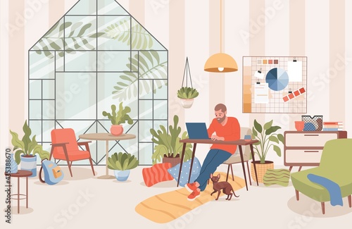 Man sitting at home and working distance with laptop vector flat illustration. Freelancer, remote work concept. Freelance male character working in comfortable conditions. Living room interior design.