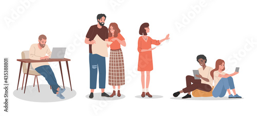Creative people at work vector flat illustration isolated on white background. Happy smiling men and women create design projects, discuss their work, working on laptop, and present draft design.
