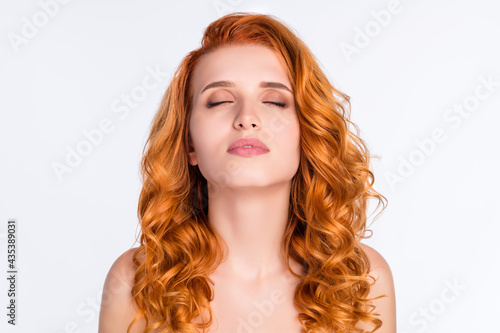 Photo portrait of red haired tender dreamy girl with naked shoulders closed eyes isolated on white color background