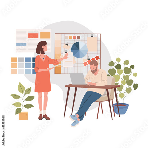 Design studio interior vector flat illustration. Male and female characters working together at design project. Graphic designers working with laptop, presenting their job, using color templates.
