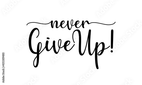 Never Give Up! - motivation and inspiration positive quote lettering phrase calligraphy, typography. Hand written black text with white background. Vector element.