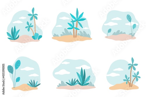 Plants backdrops. Tropical trees and bushes collection, hand drawn palms, natural landscape, rainforest and jungle, sky and clouds, circle forms background, vector cartoon isolated set