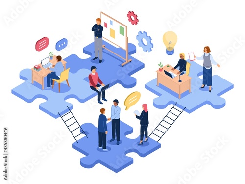 Isometric teamwork. Business people group solve problems together, office employees, joint project, business collaboration, partnership in company, men and women work vector 3d concept