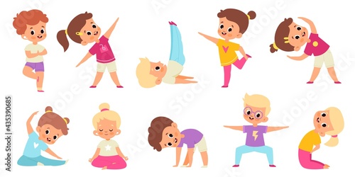 Kids yoga. Childish gymnastic poses, stretch and balance, children sport activity collection, happy flexible boys and girls in lotus meditation position and asana, vector isolated set