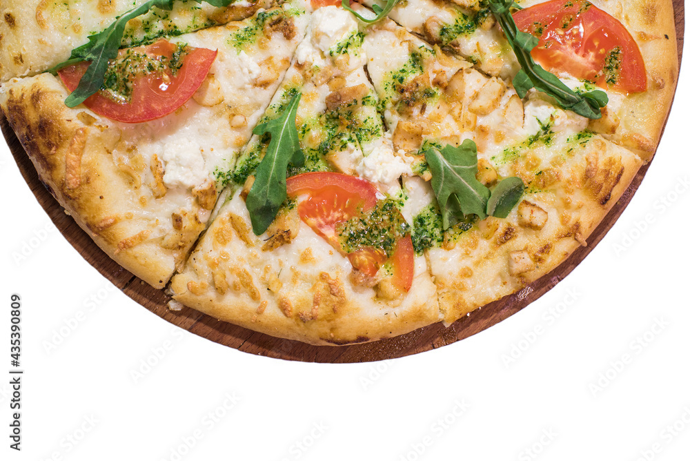 Toscana pizza on wooden plate isolated on white background