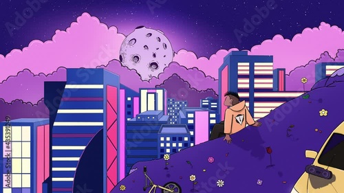 2D animation, young boy sitting on the top of the hill at night, look at the moon and the city lights. Break time, anime style, lofi aesthetic, vaporwave. Looping animation, perfect for beats photo