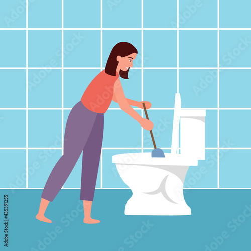 Woman cleaning toilet in flat design. Housewife doing housework in bathroom.