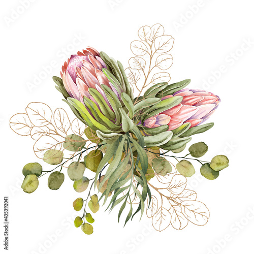 Beautiful exotic protea flower bouquet. Watercolor and gold graphic illustration on white background.