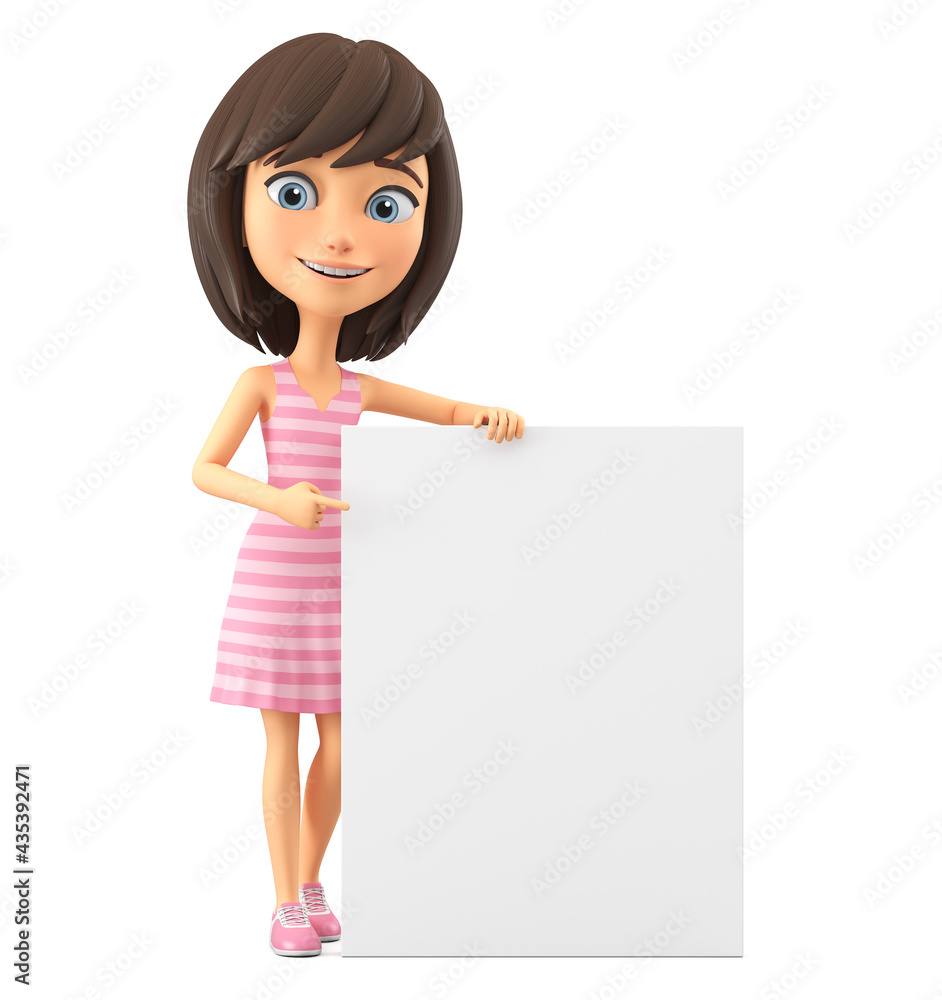 Cheerful cartoon character girl in a pink striped dress pointing to a blank white board. 3d render. Cheerful cartoon character girl in a pink striped dress pointing to a blank white board. 3d render.