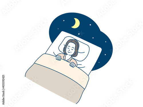 布団で眠る中高年の女性　就寝　睡眠　ミドル　イラスト素材
