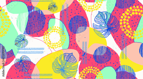 Creative doodle art header with different shapes and leafs textures seamless pattern design . Collage. Vector