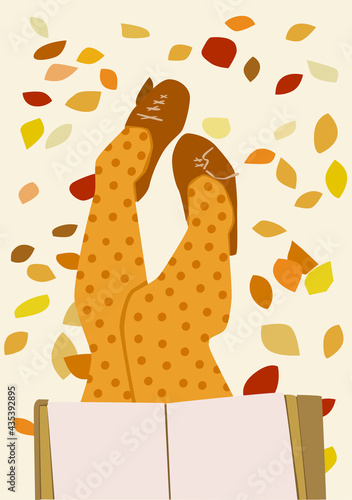 Female legs with a book on autumn foliage. Autumn mood illustration.