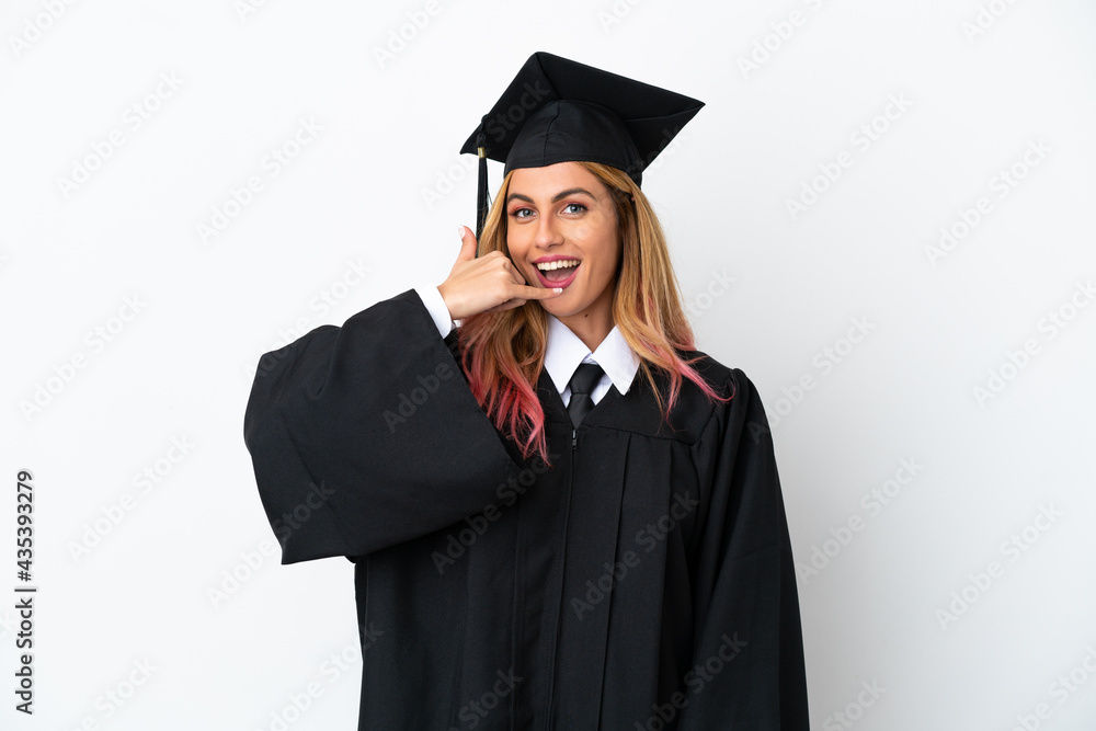 Young university graduate over isolated white background making phone gesture. Call me back sign Young university graduate over isolated white background making phone gesture. Call me back sign