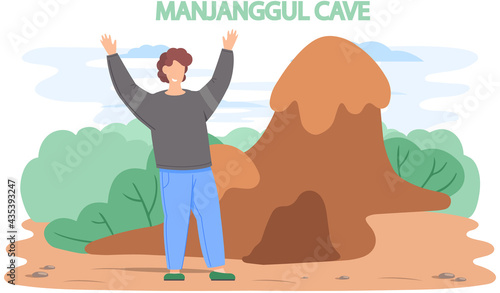 Manjanggul Cave famous landmark of Jeju Island in south Korea. Traveling to asia by landmark grotto in mountain. Stone mount in cartoon style main attraction of green island, touristic entertainment