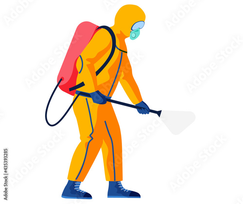 Disinfectant worker wearing hazmat suit is disinfecting. Preventive measures concept. Character in protective outfit isolated on white background. Man sprays disinfectant liquid from special balloon