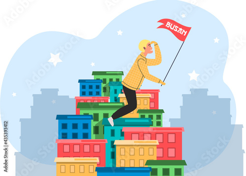Welcome to Busan city advertising travel poster. Guy has adventures on excursion in South Korea. Tourist sitting astride rooftops of colored houses. Man sitting and holding red flag in his hands