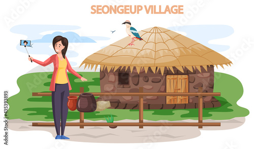 Seongeup village famous landmark of Jeju Island in south Korea. Thatched house, traditional hut, stone house or building and female tourist takes selfie in historic area, popular place for visiting