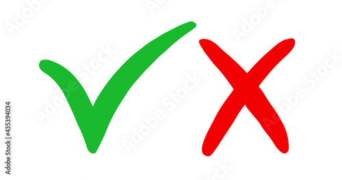 Wrong and right. Icon check mark yes and x. Red and green color sign isolated on white background. Wrong or right checkmark. Symbol correct and false. Tick box. Ok or cross. Done choice. Vector