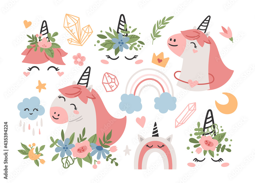 Pink cute unicorn kids isolated clipart bundle Pink cute unicorn kids isolated clipart bundle