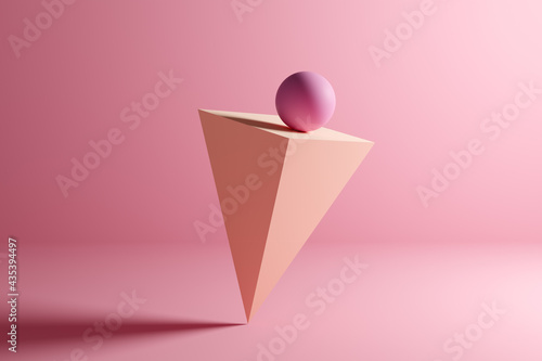 Valokuva Sphere ball on balance on an inverse pyramid prism geometric shape on pink background
