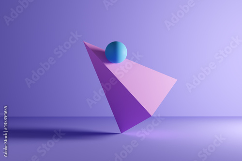 Sphere or ball on balance on a rotating pyramid prism geometric shape on purple background. Abstract 3D illustration.