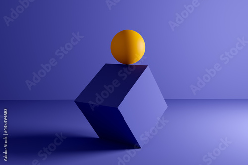 Yellow sphere or ball balanced at the edge of a cube geometric shape on blue background. Abstract 3D illustration.