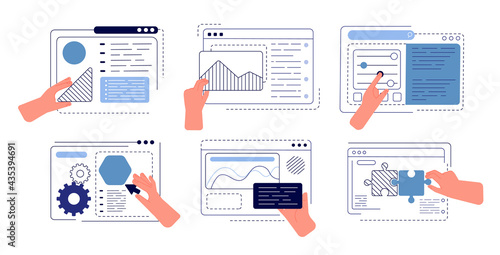 Hands programming app. Engineering apps, ui hand creating. Build application, creative team creation work project. Web designer utter vector concept