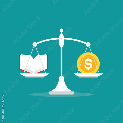 White mechanical scales with dollar coin and book in pans.