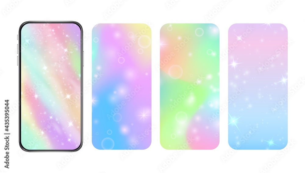 Phone screen background. Pastel shine wallpaper for realistic smartphone. Magic unicorn or sugar cotton colors with stars vector banners template