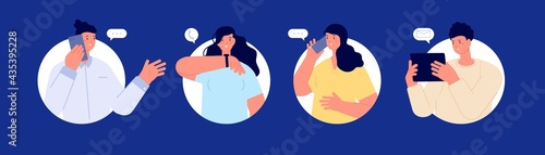 Group online talking. Company discuss, people call each other. Mobile meeting, working calling conversation. Digital chat utter vector concept