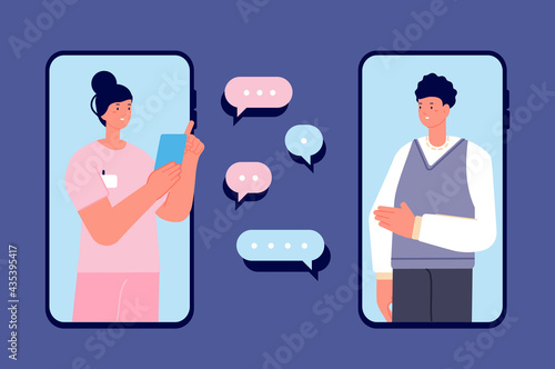 Doctor consulting. Phone medicinal help, doctors app and patient. Online healthcare consultation, telemedicine. Distance clinic visit utter vector concept
