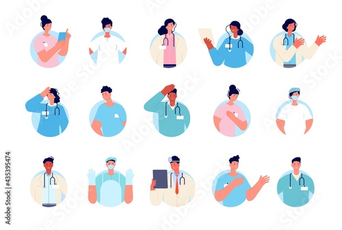 Doctor avatars. Health nurse portrait, doctors medical team. Healthcare career, professional hospital workers, pharmacist utter vector set