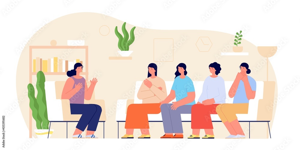 Women group therapy. Woman support, female talking meeting. Psychotherapy session, girl discuss in community, friendship utter vector concept Women group therapy. Woman support, female talking meeting. Psychotherapy session, girl discuss in community, friendship utter vector concept