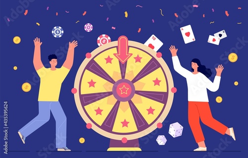 Fortune game winner. Wheels rotation, lucky people spinning roulette wheel. Woman lottery playing, win success gambling utter vector concept
