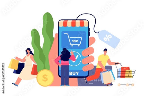 Person online shopping. Easy payment, shop app smartphone. Modern woman buy, ecommerce and delivery. Internet customer utter vector concept