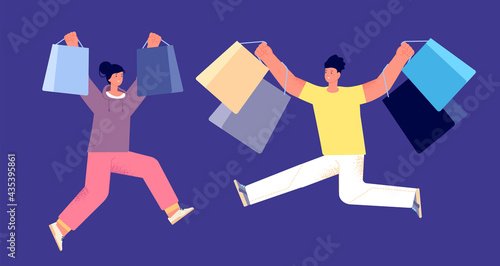 Happy people with purchase. Guy shopping, customer hold shop bags. Ecommerce, crazy sales or surprise. Couple buy on discount utter vector concept
