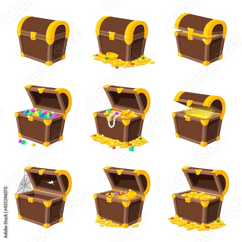 Cartoon wooden chest. Coin box, gold coins stacked. Game trunk safe golden treasure. Isolated open chests animation, pirate money recent vector set