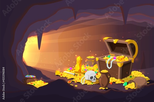 Treasure cave. Fantasy game location, cartoon mine with old gold coins in wooden chest. Ancient magical pirate cache recent vector illustration