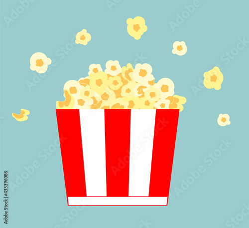 Popcorn bucket. Realistic illustration. Big portion popcorn. Cardboard or paper bucket. Cinema snack or movie food. Popcorn icon