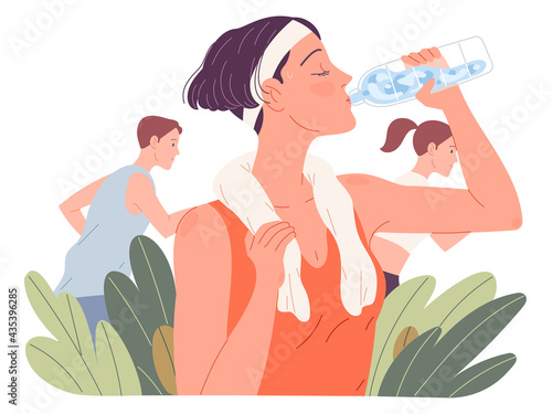 Fit woman drinking water. Girl drinks during run in summer