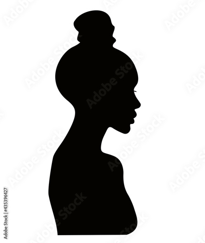Female hairstyle bump. Woman profile with hair in a bun, black silhouette. Girl with a modern hairstyle.