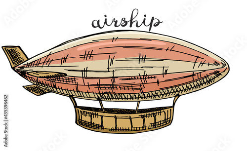 Airship sketch in Steampunk style. Ink sketch of dirigible isolated on white background. Hand drawn vector illustration. Retro style.