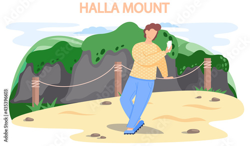 Hallasan mountain famous landmark of Jeju Island in south Korea. Extinct volcano in national park. Mountain is located in center of island and man tourist traveler takes selfie on natural showplace