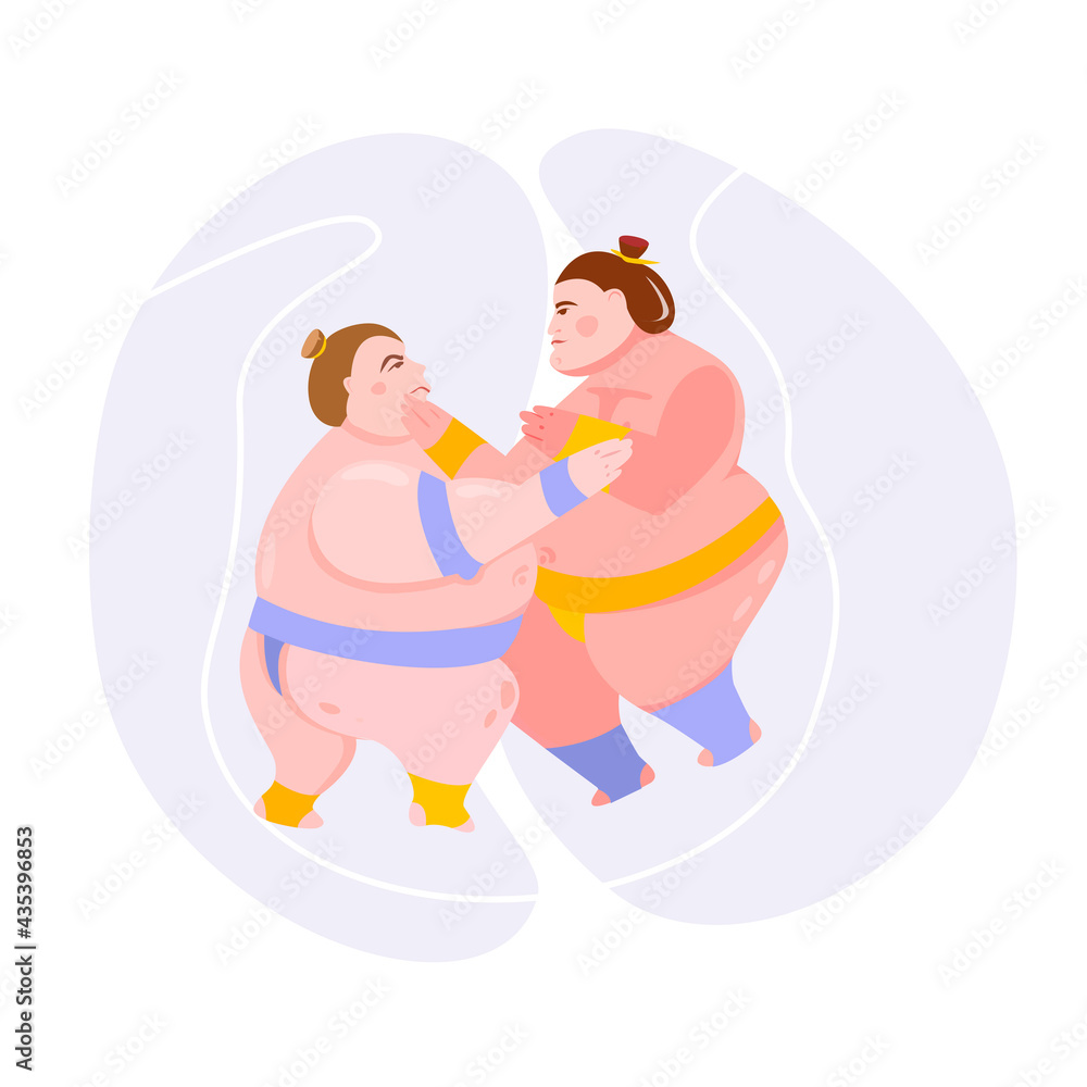 Sumo wrestlers vector modern flat logo illustration on white background. Two sumo wrestlers fight cartoon illustration.Logo sumo wrestler Sumo wrestlers vector modern flat logo illustration on white background. Two sumo wrestlers fight cartoon illustration.Logo sumo wrestler