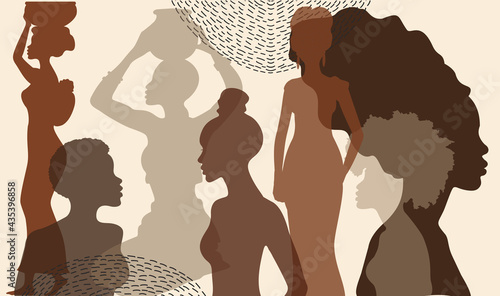 African ethnic women silhouette. Racial equality and anti-racism. The struggle for rights, independence, equality. Multicultural. Afro woman, Nigerian style, Ghanaian head wrap.