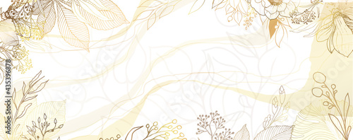 Luxurious golden wallpaper. White background. Gold leaves wall art with shiny golden light texture. Monstera and chestnut branches. Modern art mural wallpaper. Vector illustration.